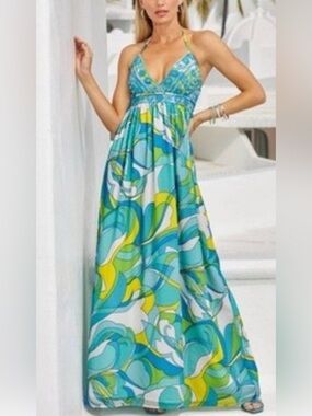 Boston Proper Smocked Strapless Dress in Aqua, Lime & White